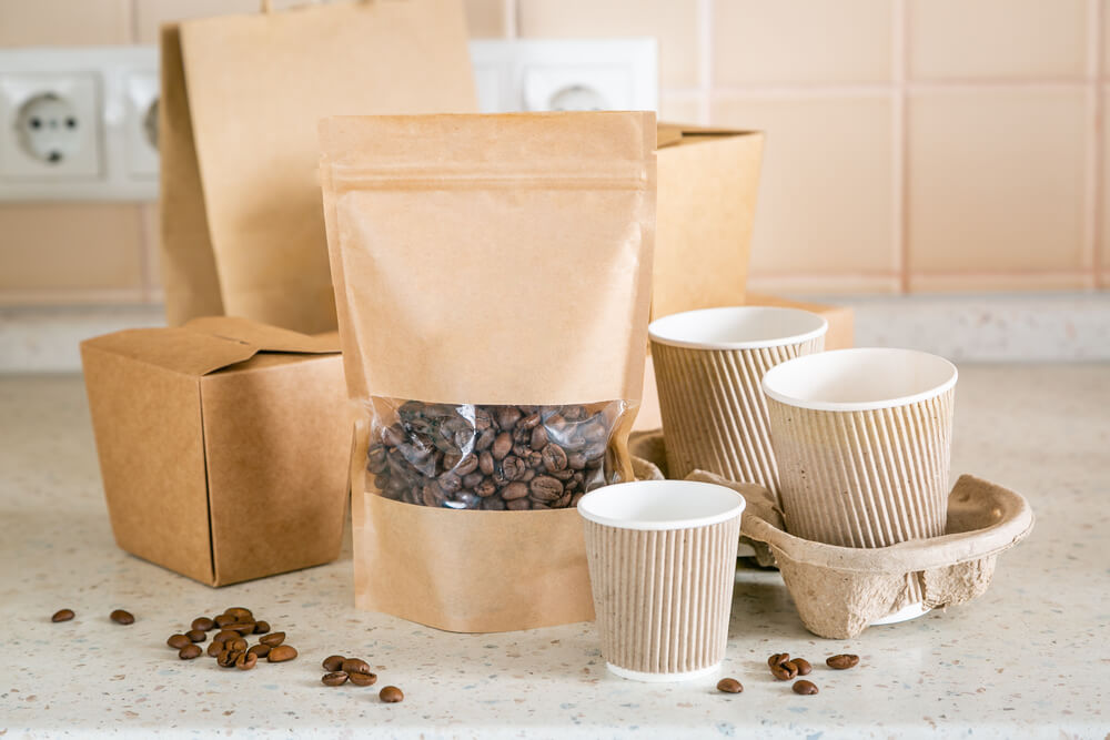 Food and drink craft packaging set on kitchen