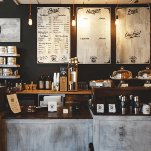 Coffee shop counter with rustic design.
