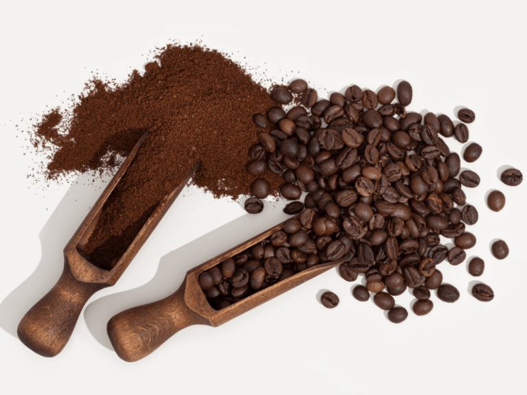 Coffee beans whole and ground.