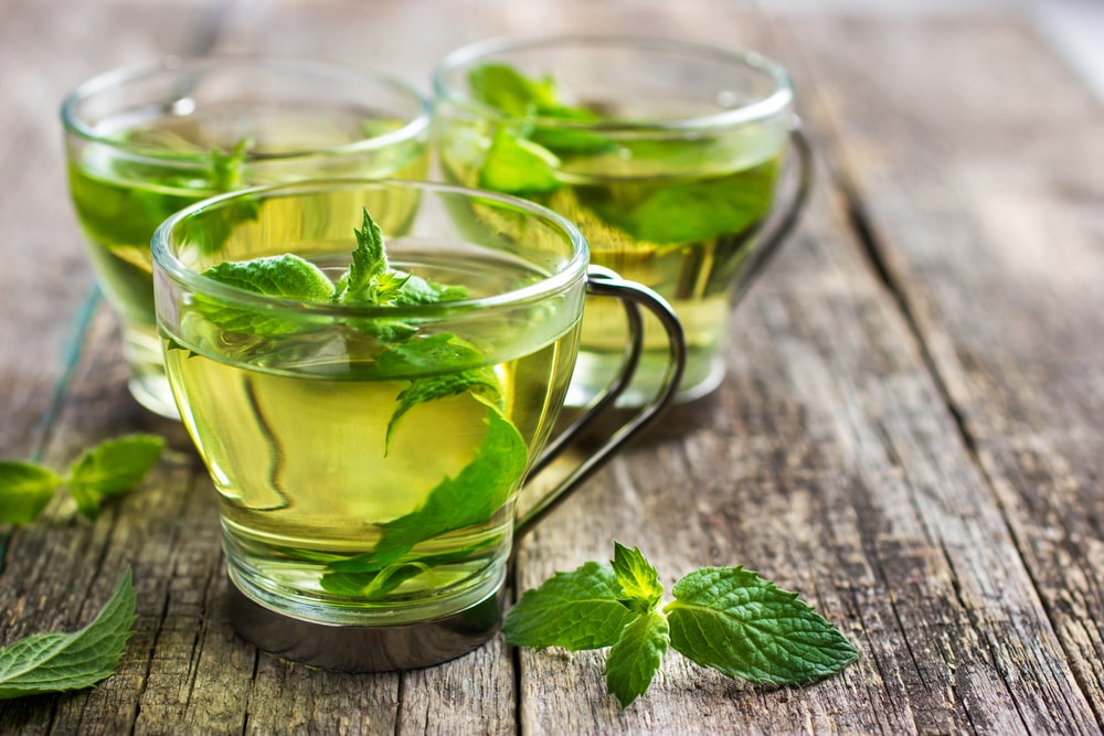 Mint tea in a glass mug.