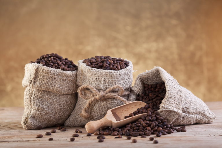 Coffee beans in burlap bags