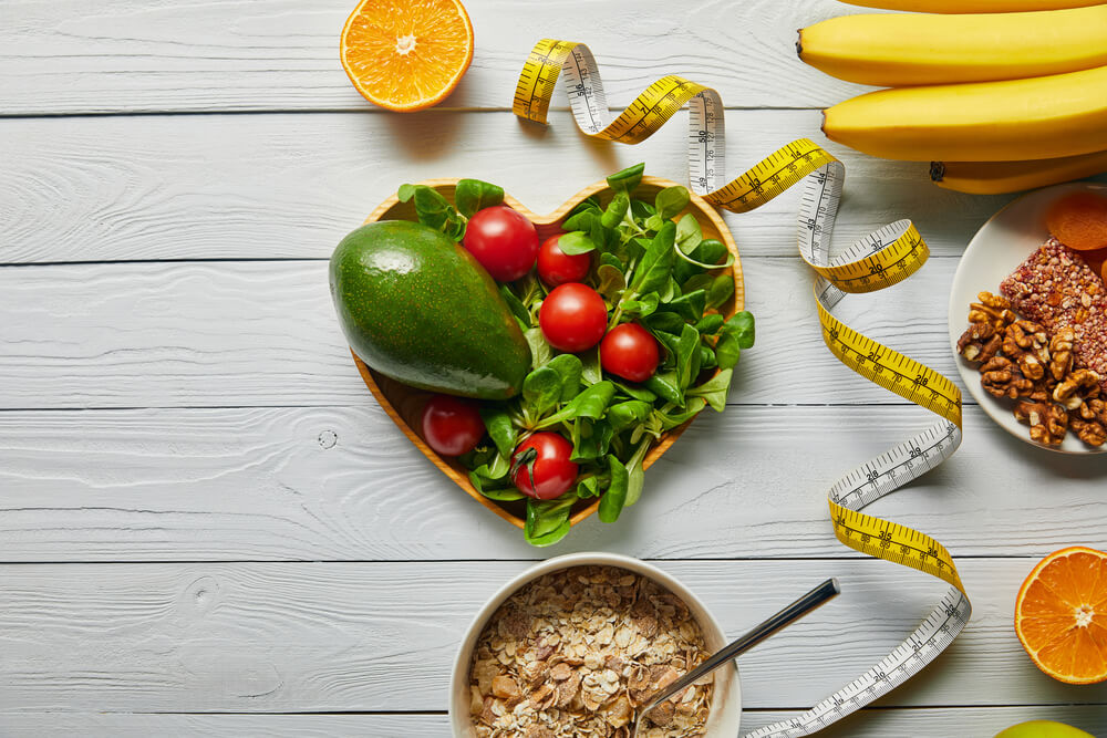 fresh fruits, vegetables in heart-shape