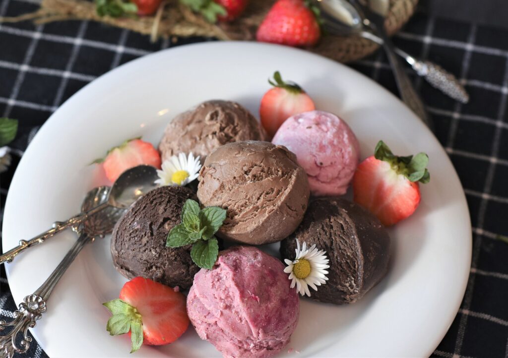 different ice cream flavors in a plate