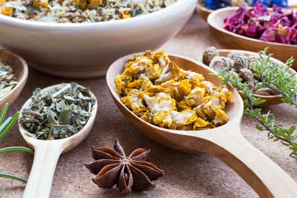 Dried mullein on a wooden spoon