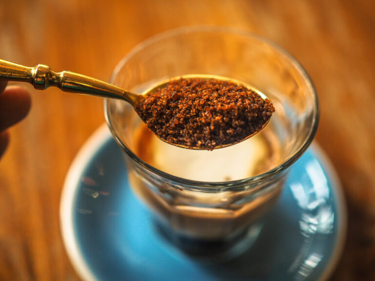 Instant coffee powder in a spoon