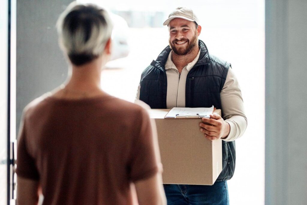 a courier making a delivery to a customer at her home