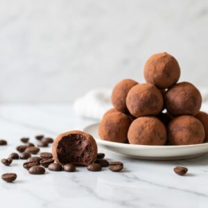 Cocoa-dusted chocolate coffee protein balls stacked on a plate with one bitten open