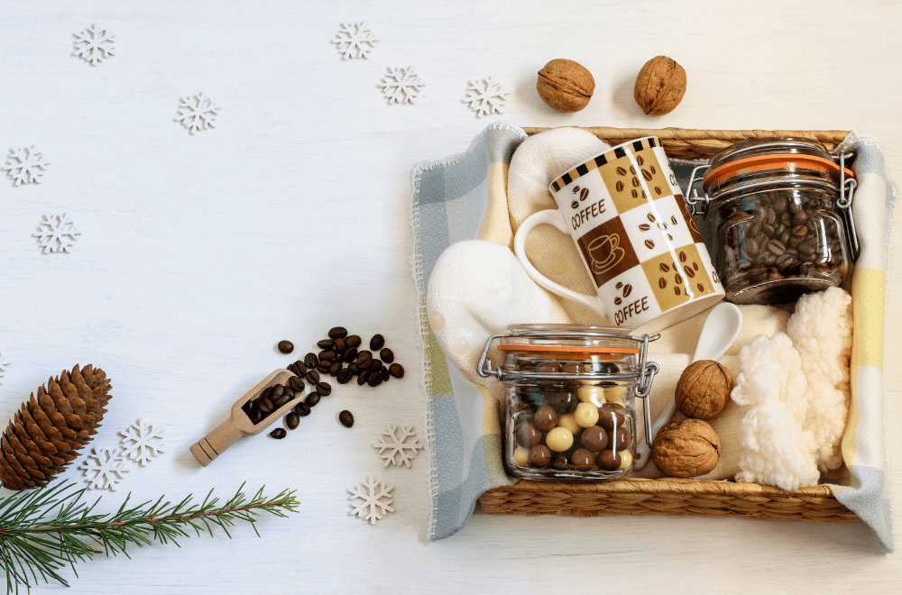 Coffee mug, walnut and coffee beans in a box