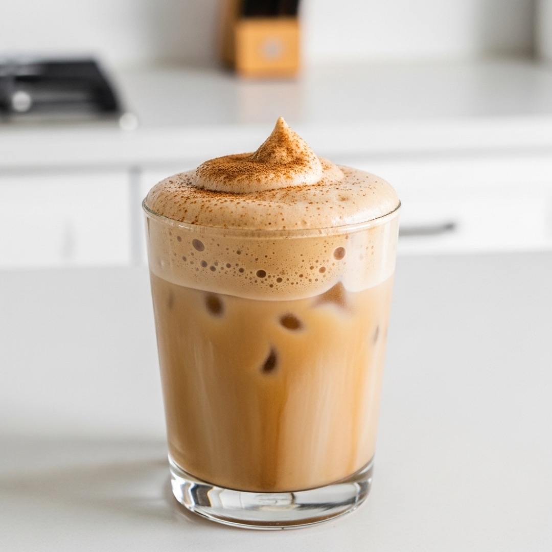 Iced coffee topped with cinnamon brown sugar cold foam