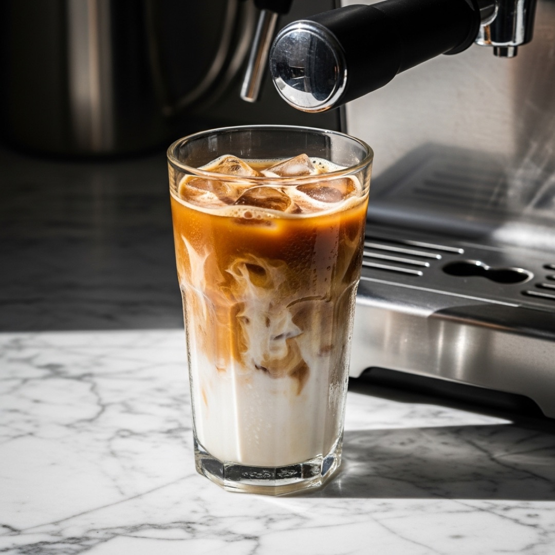 Iced vanilla latte made with Nespresso Vertuo over ice with cold milk