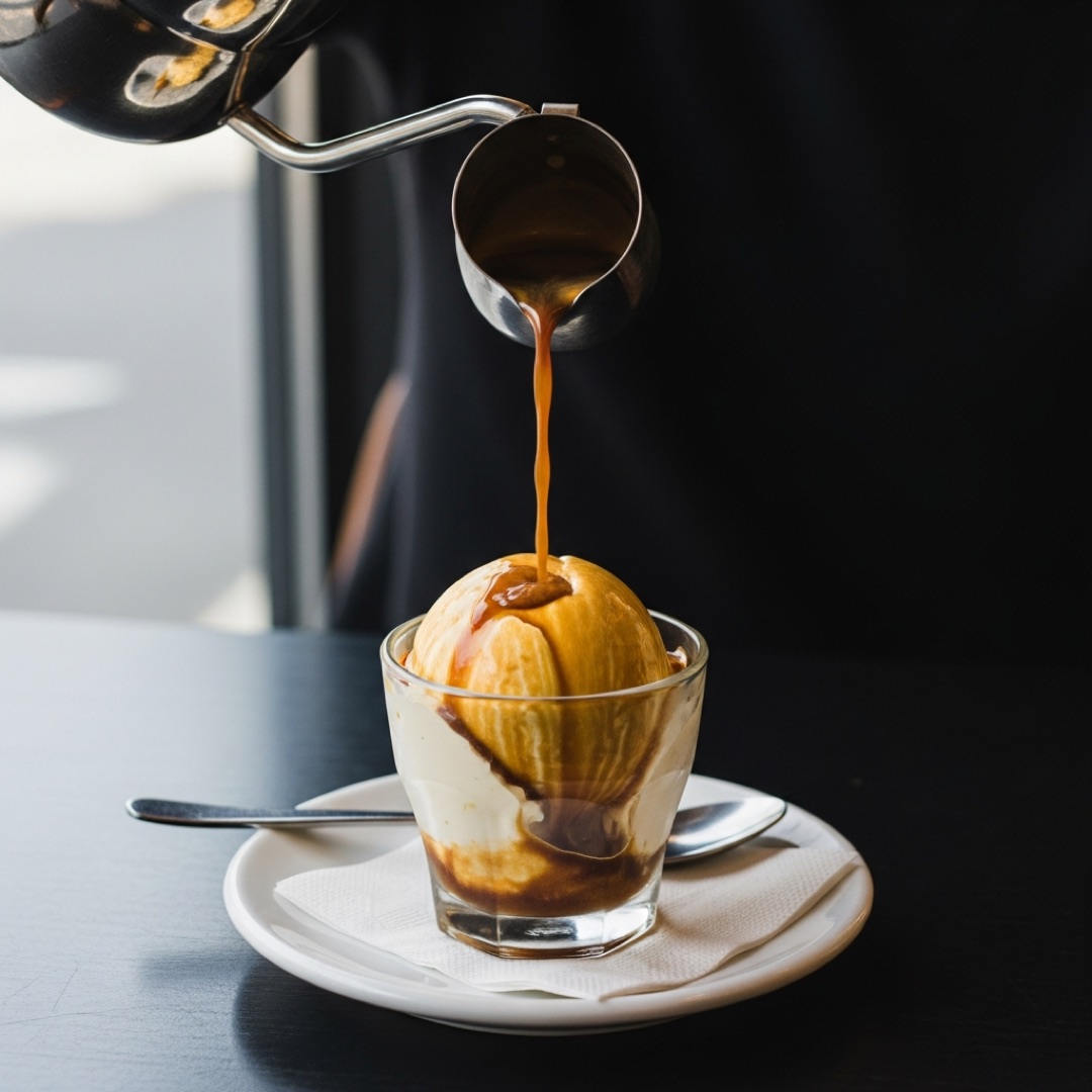 Espresso poured over vanilla gelato affogato in a glass