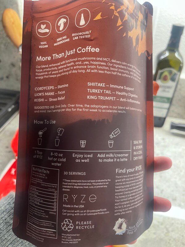 Back portion of RYZE mushroom coffee pack