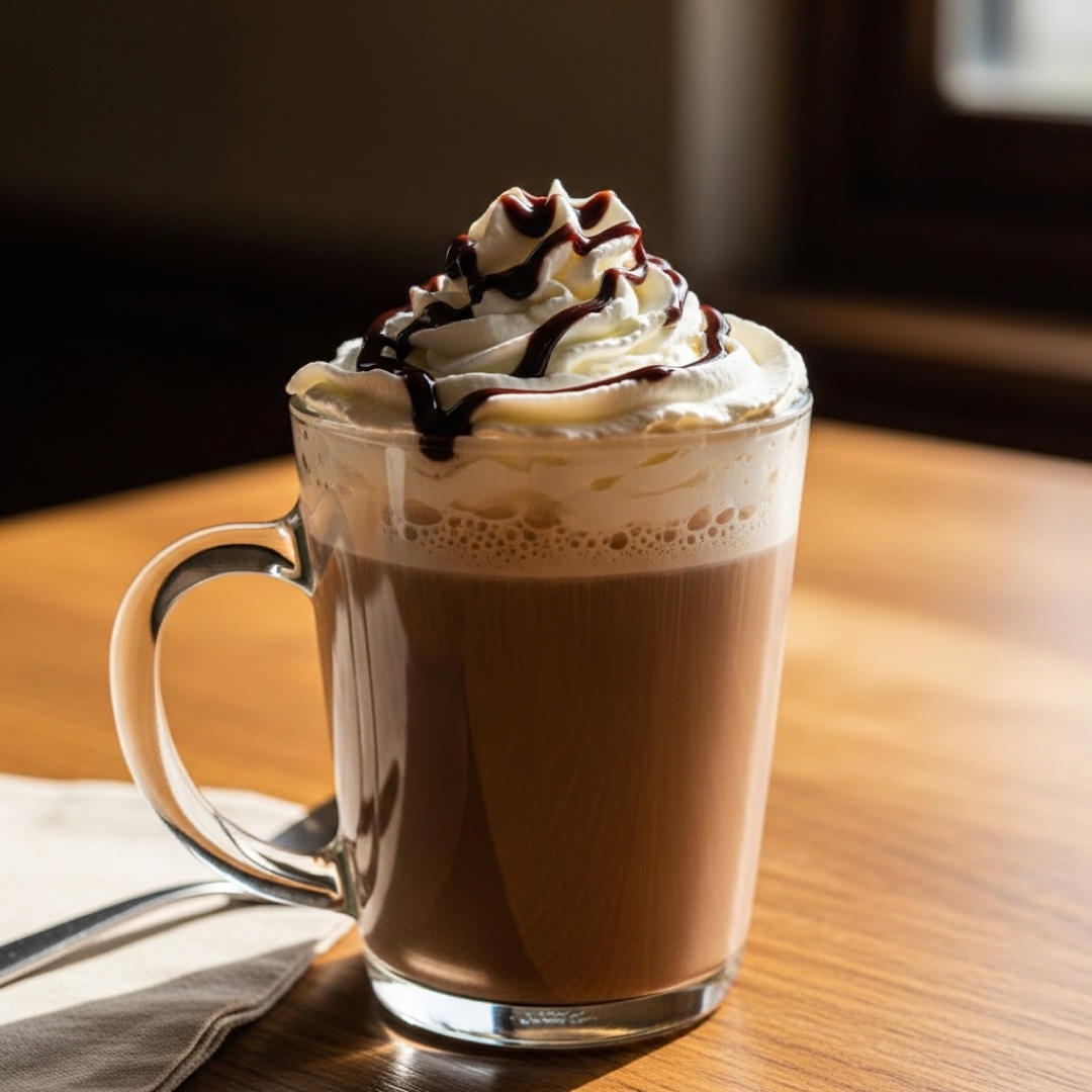 Mocha topped with whipped cream and chocolate drizzle