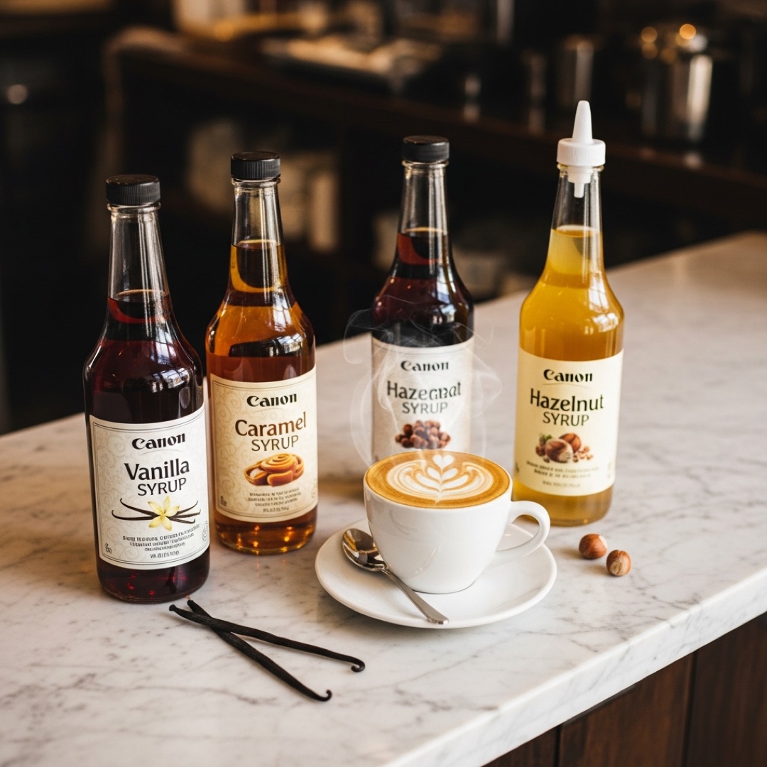 Collection of flavored coffee syrup bottles with a latte on a marble counter