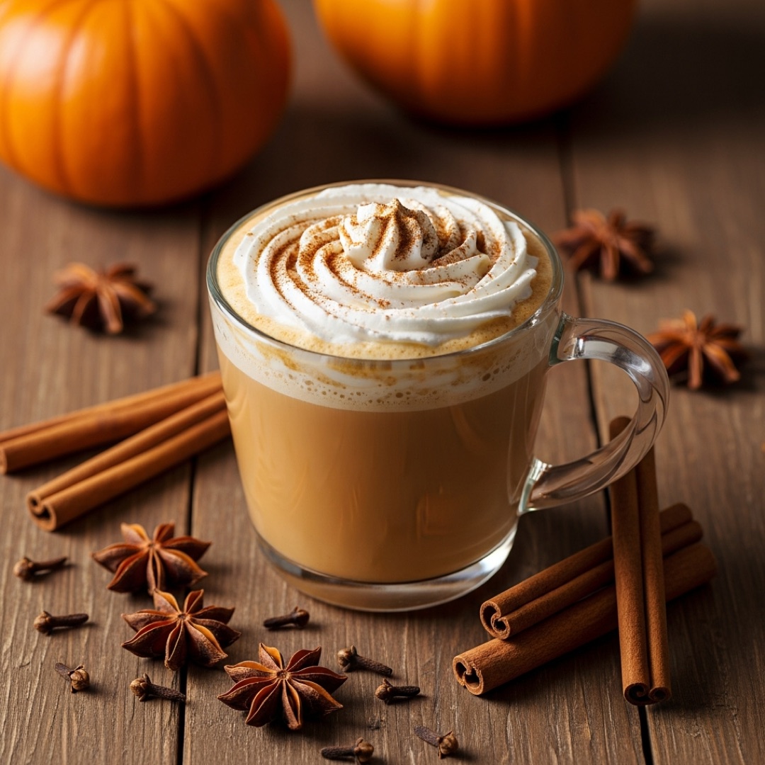 Pumpkin spice latte topped with whipped cream and cinnamon with autumn spices