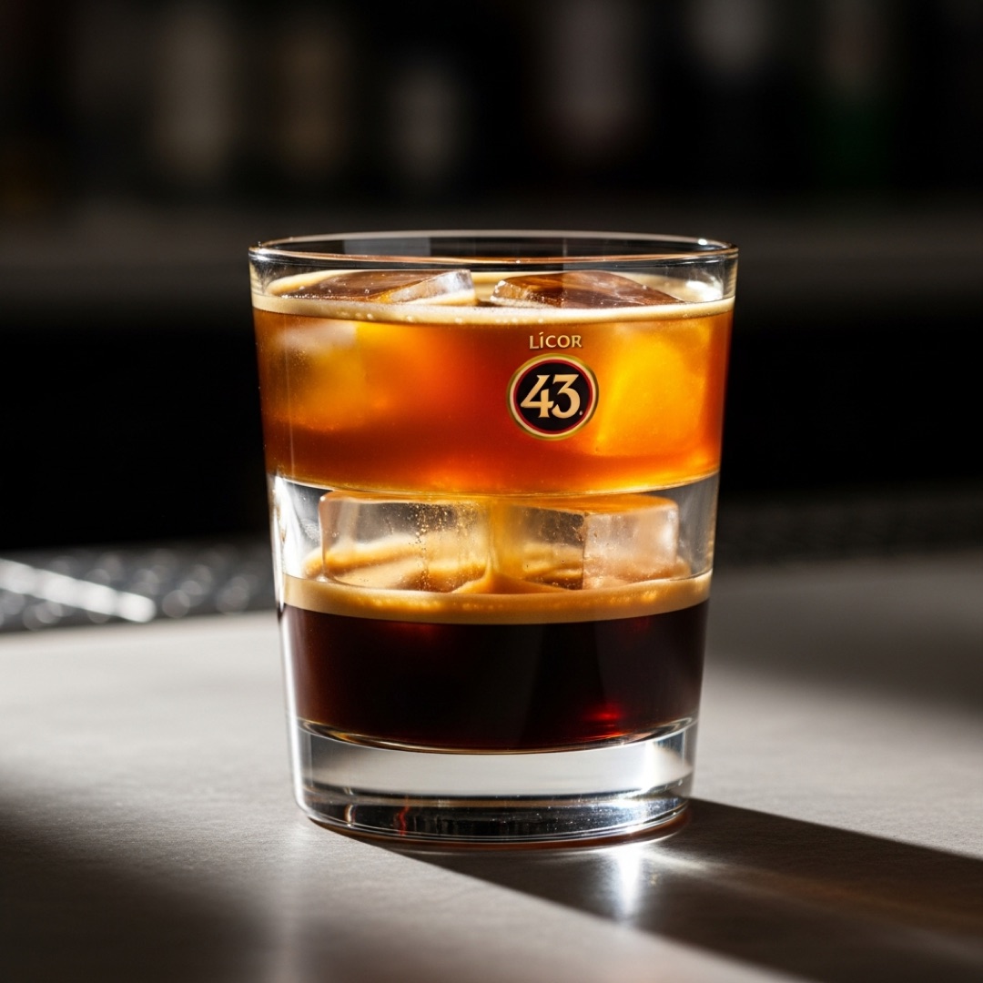 Carajillo with espresso and Licor 43 layered over ice in a glass