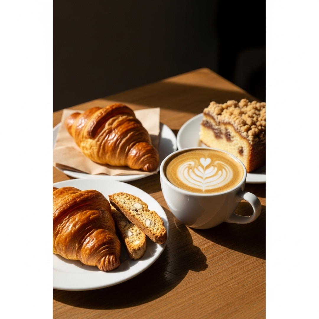 Coffee with croissants, biscotti and coffee cake on a wooden table