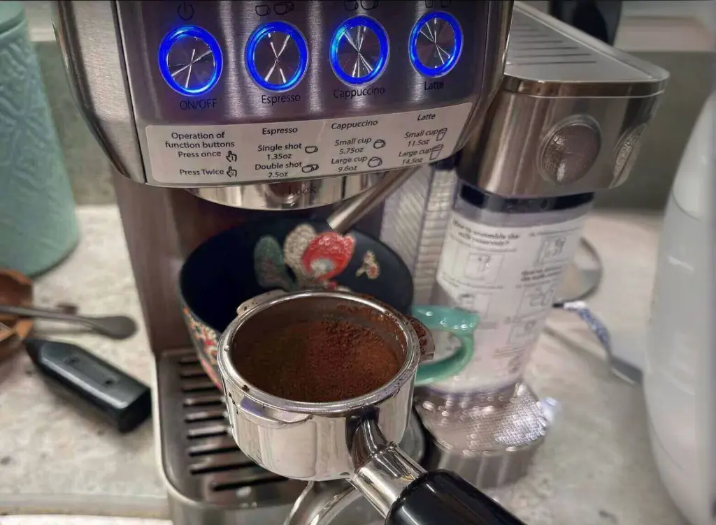 Ground coffee on an espresso machine