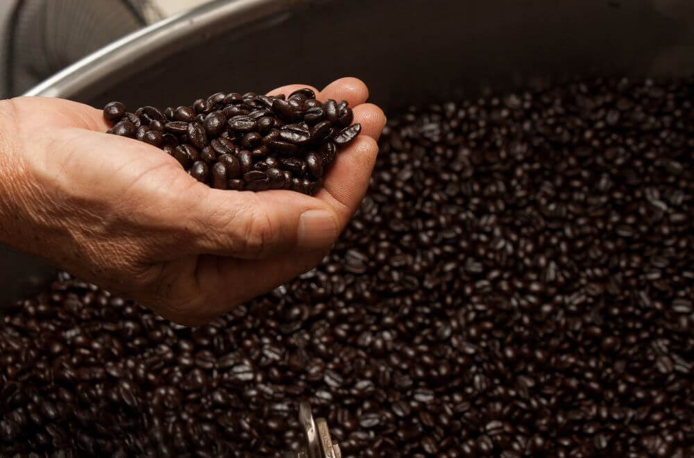 Freshly roasted coffee beans in a coffee roaster