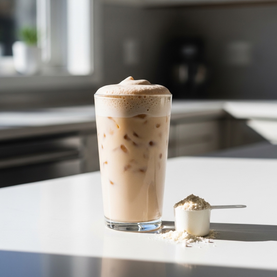 Creamy protein iced coffee in a tall glass with a scoop of protein powder