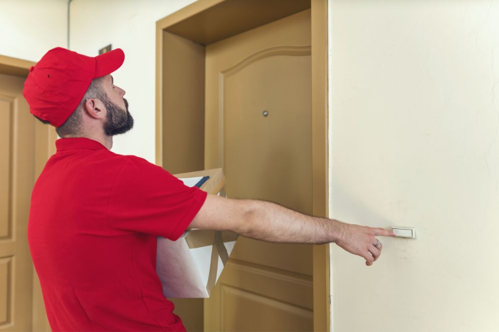 Delivery boy carrying parcels at the doorstep
