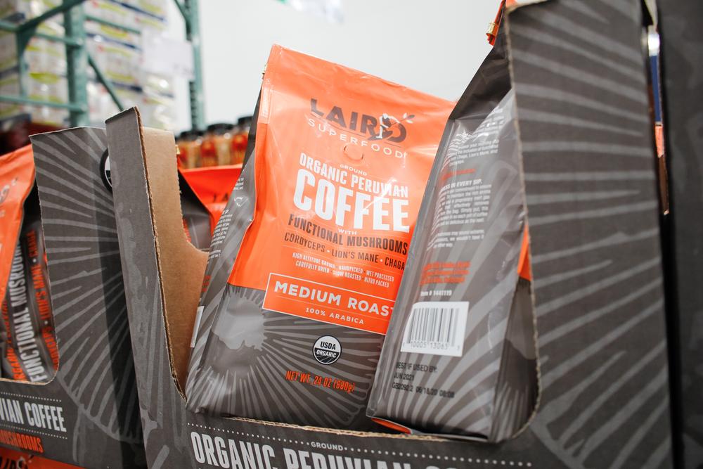 A view of several packages of Laird Superfoods ground Peruvian coffee, on display at a local big box grocery store