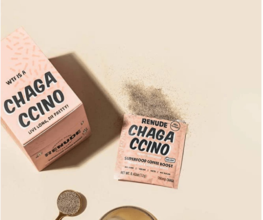 An open sachet of renude chagaccino and box beside it