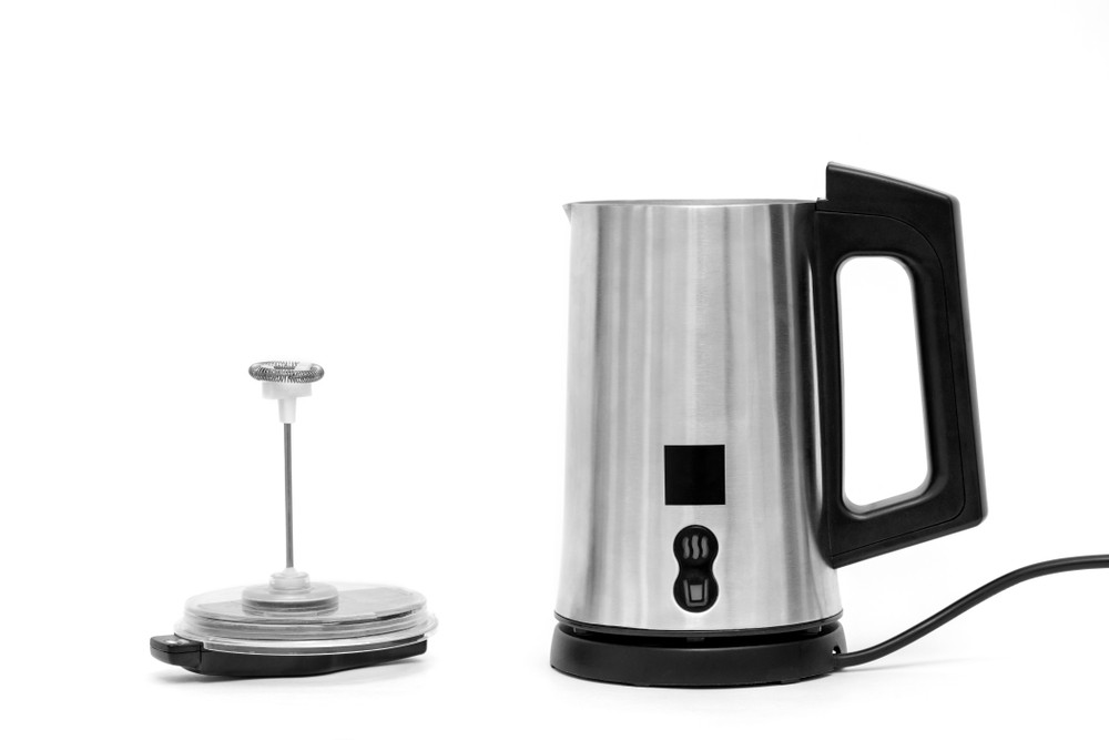 Automatic jug-style electric milk frother with stainless steel construction for making cafe-quality foam at home