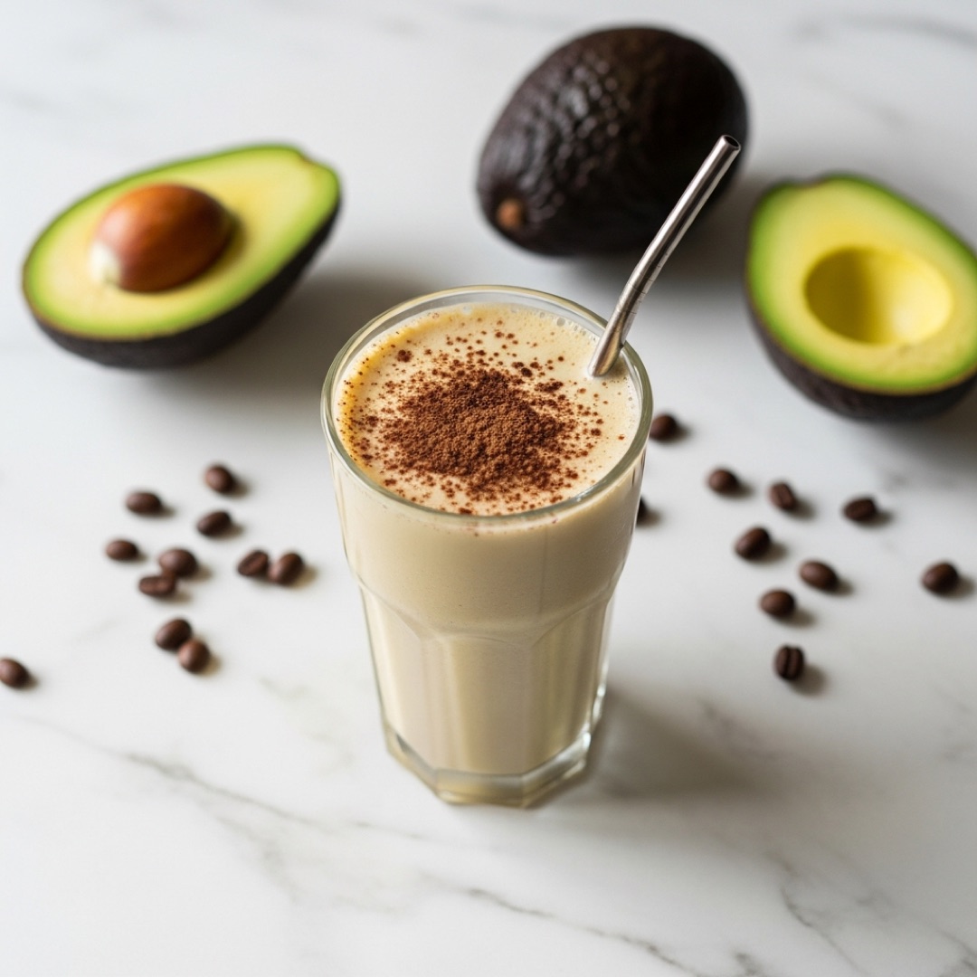 Creamy avocado coffee smoothie without banana in a tall glass dusted with cocoa