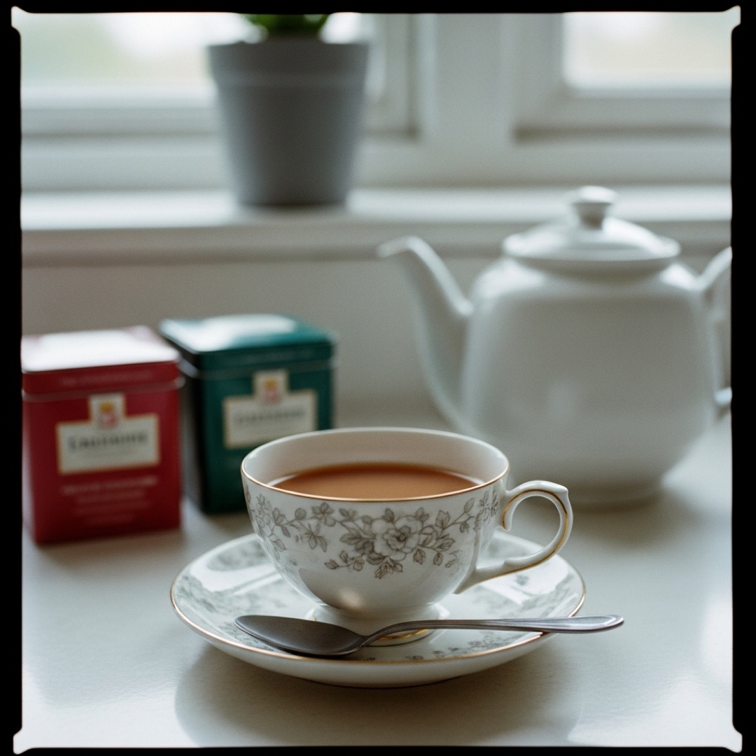 Cup of British black tea with milk in a china cup beside a teapot