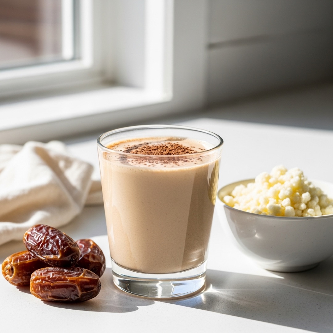 Dairy-free coffee smoothie made with frozen cauliflower and medjool dates