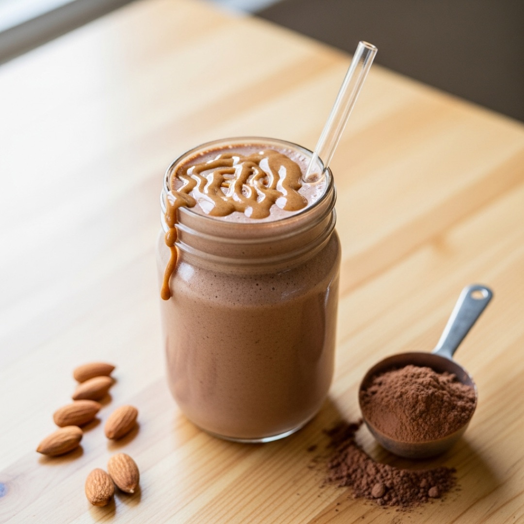 High-protein chocolate coffee smoothie with Greek yogurt and almond butter drizzle in a mason jar