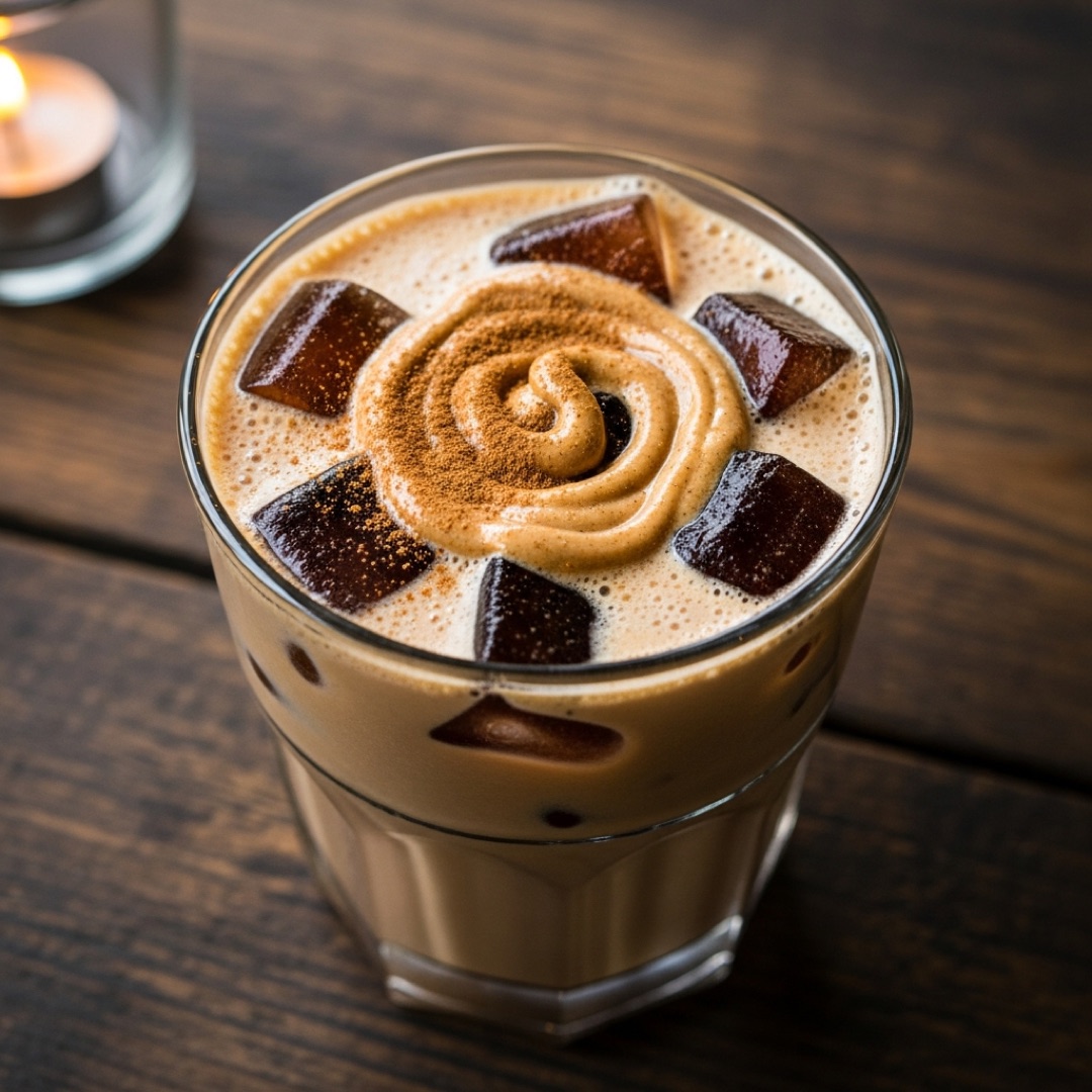 Iced almond butter coffee smoothie with coffee ice cubes and cinnamon