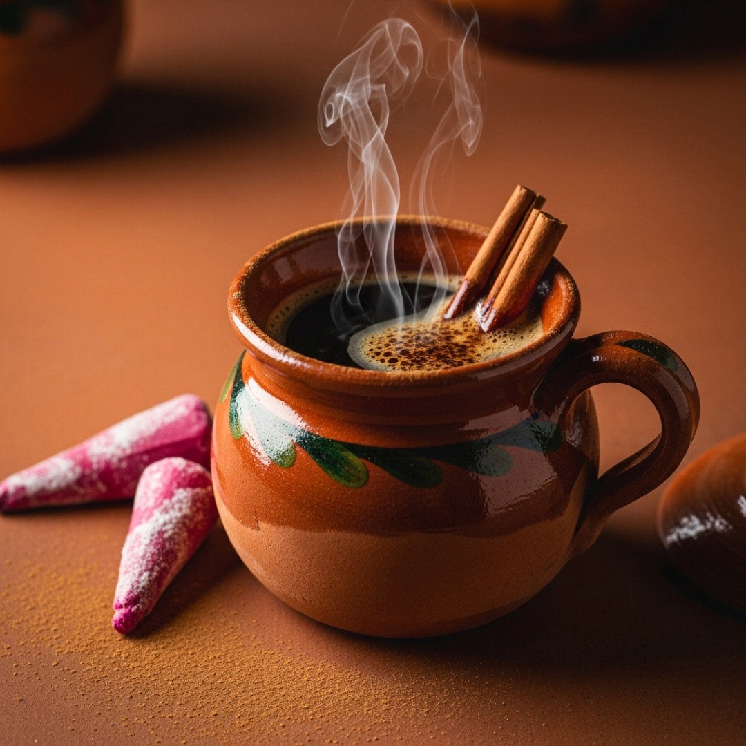 Cafe de olla Mexican coffee in a clay mug with cinnamon and piloncillo