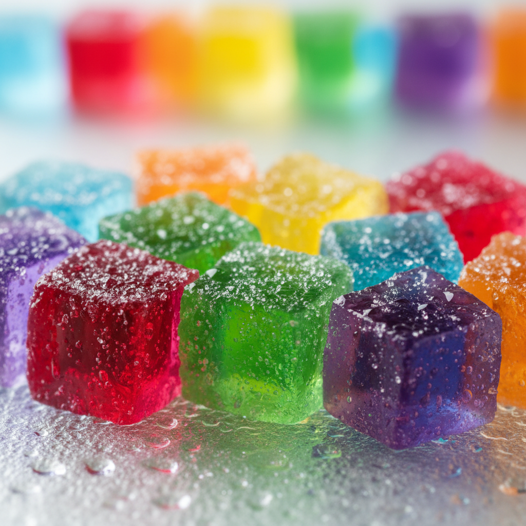 Close-up of colorful rainbow jelly cubes