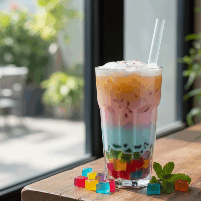 Colorful bubble tea drink with rainbow jelly cubes
