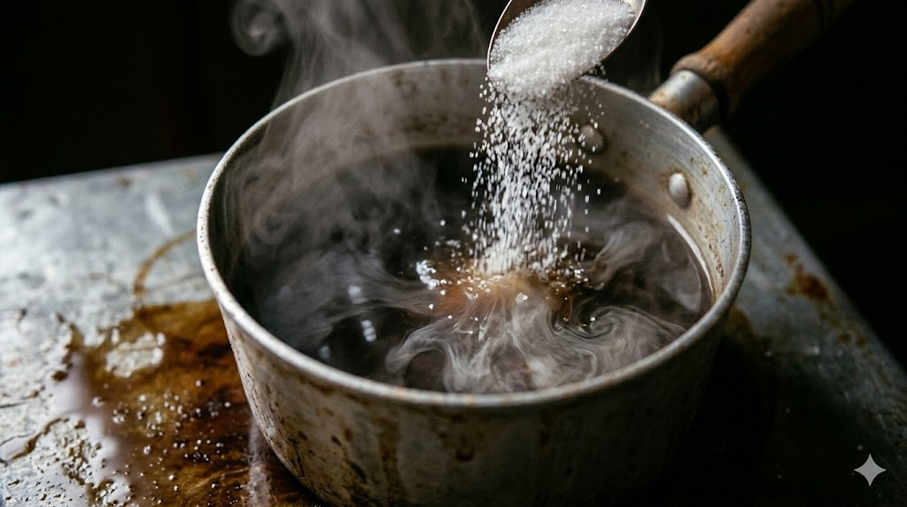 Sugar dissolving into hot brew water — the defining first step in an authentic Brazilian Cafezinho