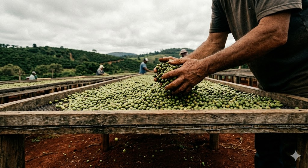 Naturally processed Brazilian coffee cherries drying on raised beds in Sul de Minas — the origin behind authentic Brazilian Cafezinho