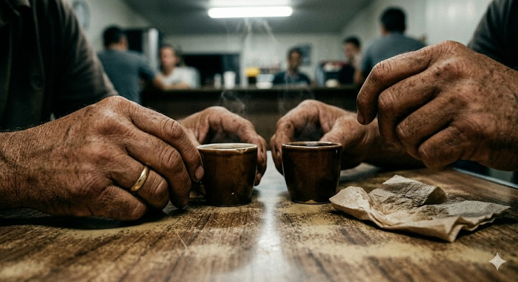 wo people sharing Brazilian Cafezinho at a formica table — the everyday social ritual captured in two small cups
