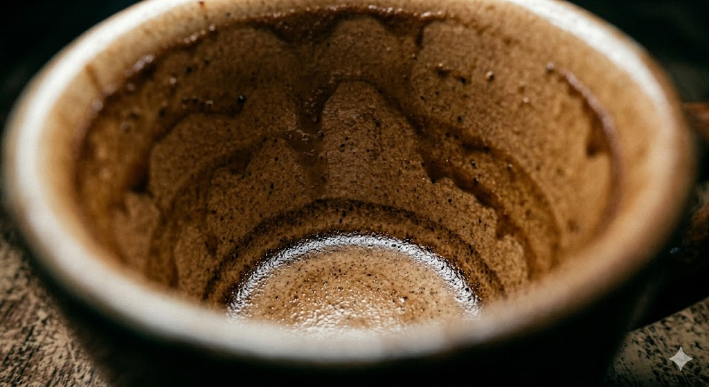 Sediment ring and residue inside a demitasse cup after drinking Brazilian Cafezinho — what the finish tells you about your extraction