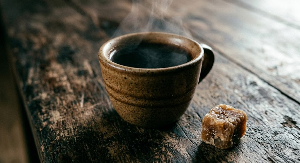 A small pocillo cup of Colombian Tinto coffee beside a block of raw panela on a weathered wooden surface