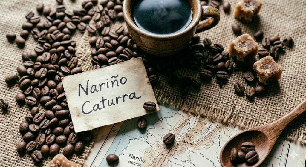 Whole Colombian Arabica Caturra coffee beans from Nariño scattered on burlap beside a handwritten origin label