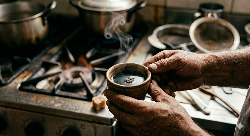 Hands holding a small handle-less pocillo cup of freshly brewed Colombian Tinto coffee with steam rising in a rustic kitchen