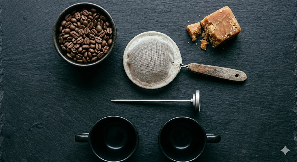 Colombian Tinto coffee brewing ingredients including whole beans, raw panela block, cloth colador strainer, and two pocillo cups on dark slate