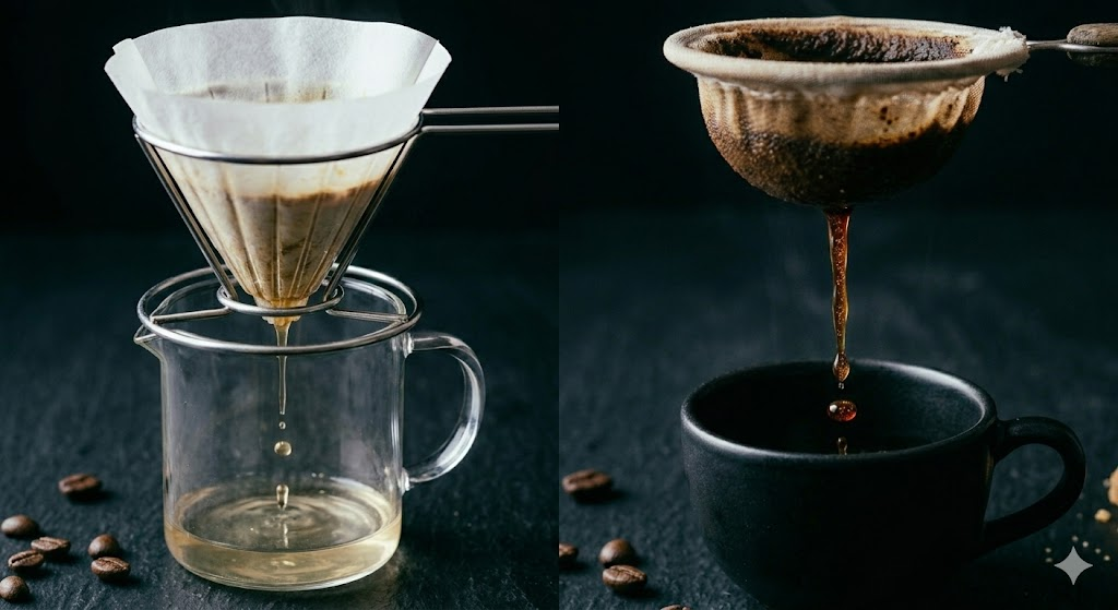 Side-by-side comparison of paper filter drip coffee versus cloth colador Colombian Tinto coffee showing the difference in color and body