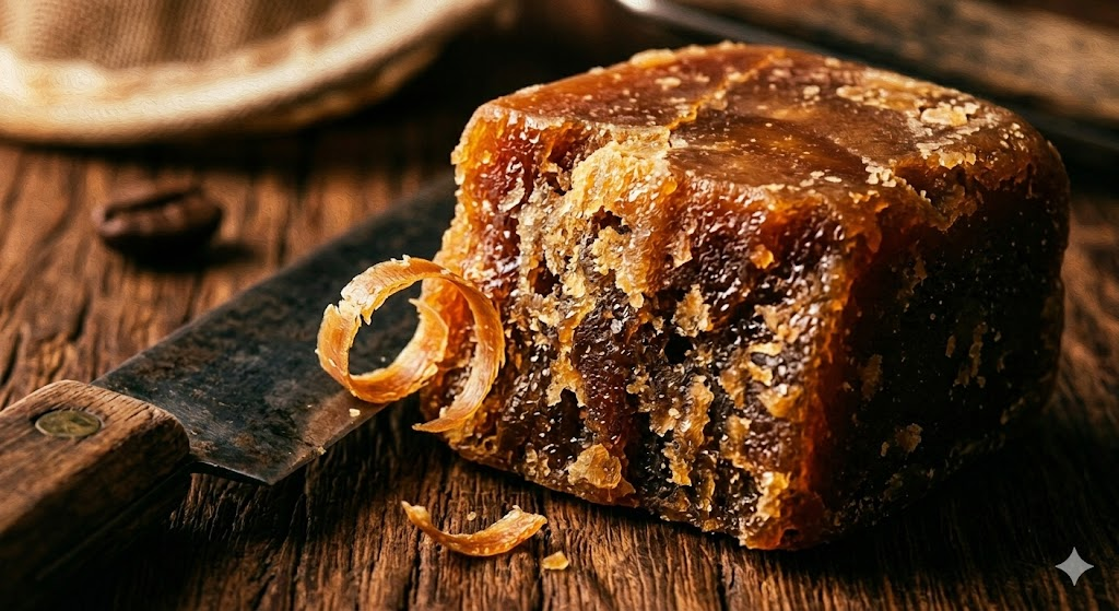 A block of raw panela cane sugar with fresh shavings beside a knife blade on dark wood, served alongside Colombian Tinto coffee