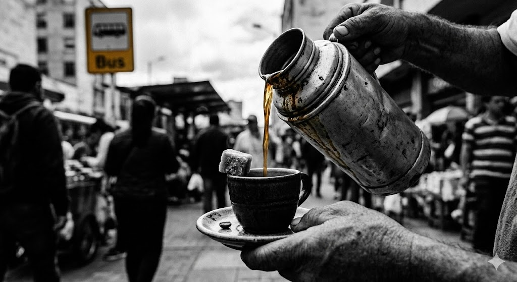 A Colombian street vendor pouring tinto coffee from a metal thermos into a small cup on a Bogotá street at dawn