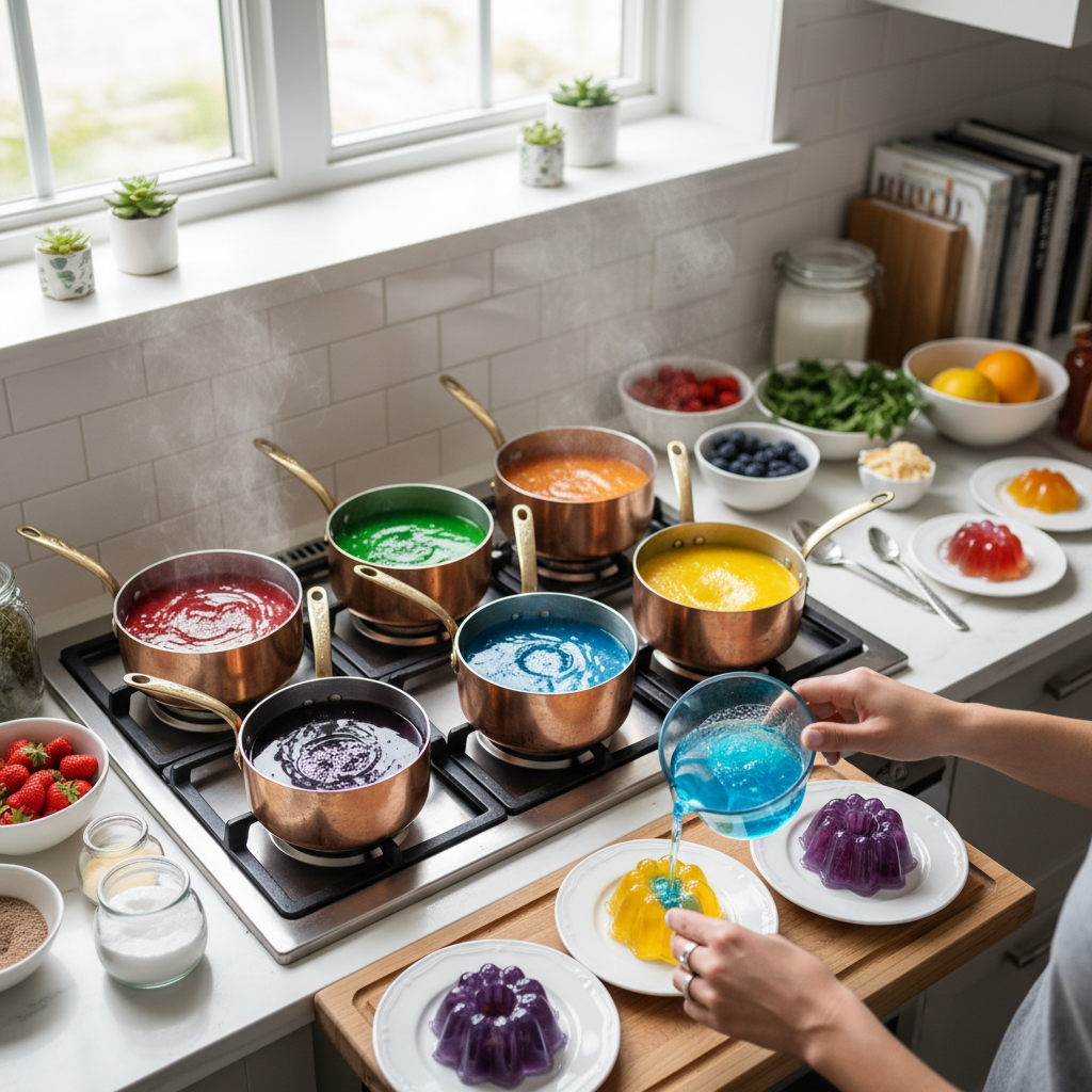 Making rainbow jelly at home in kitchen