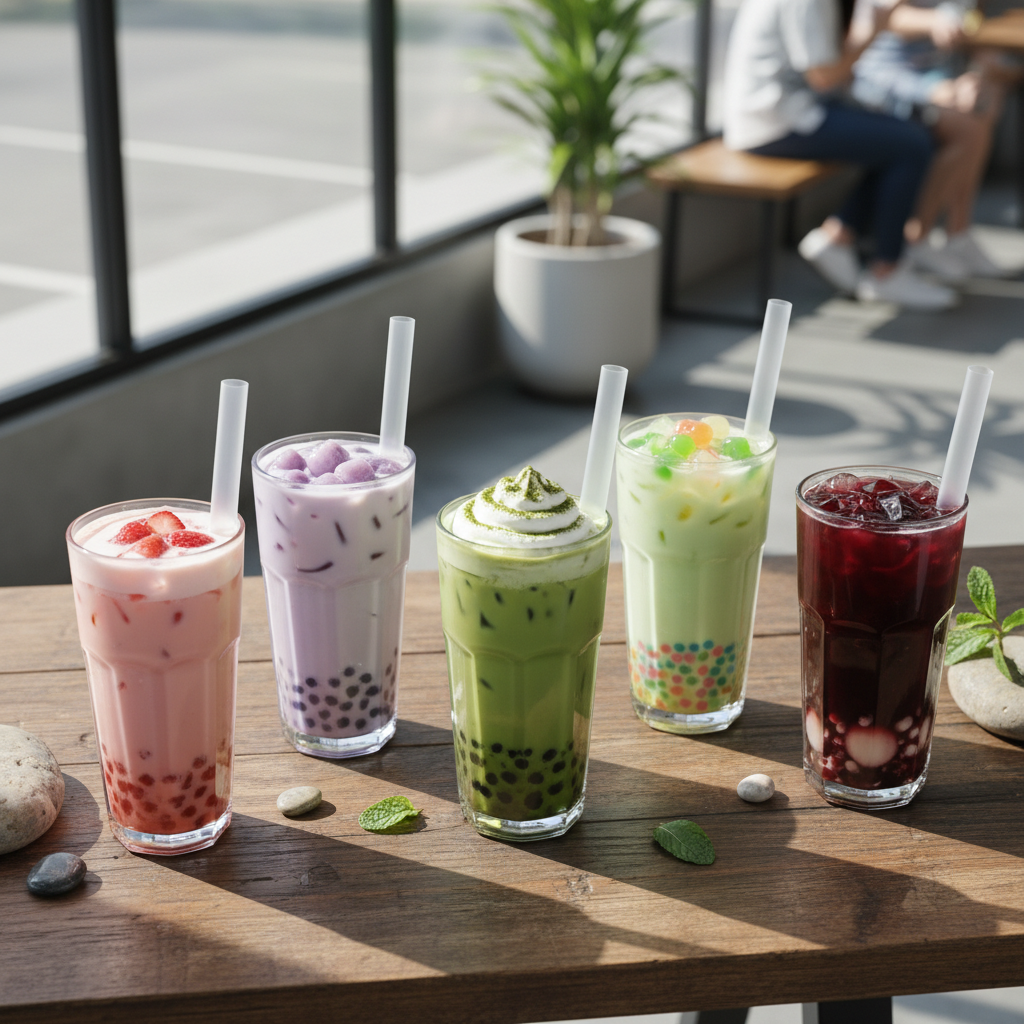 Multiple bubble tea drinks with colorful toppings