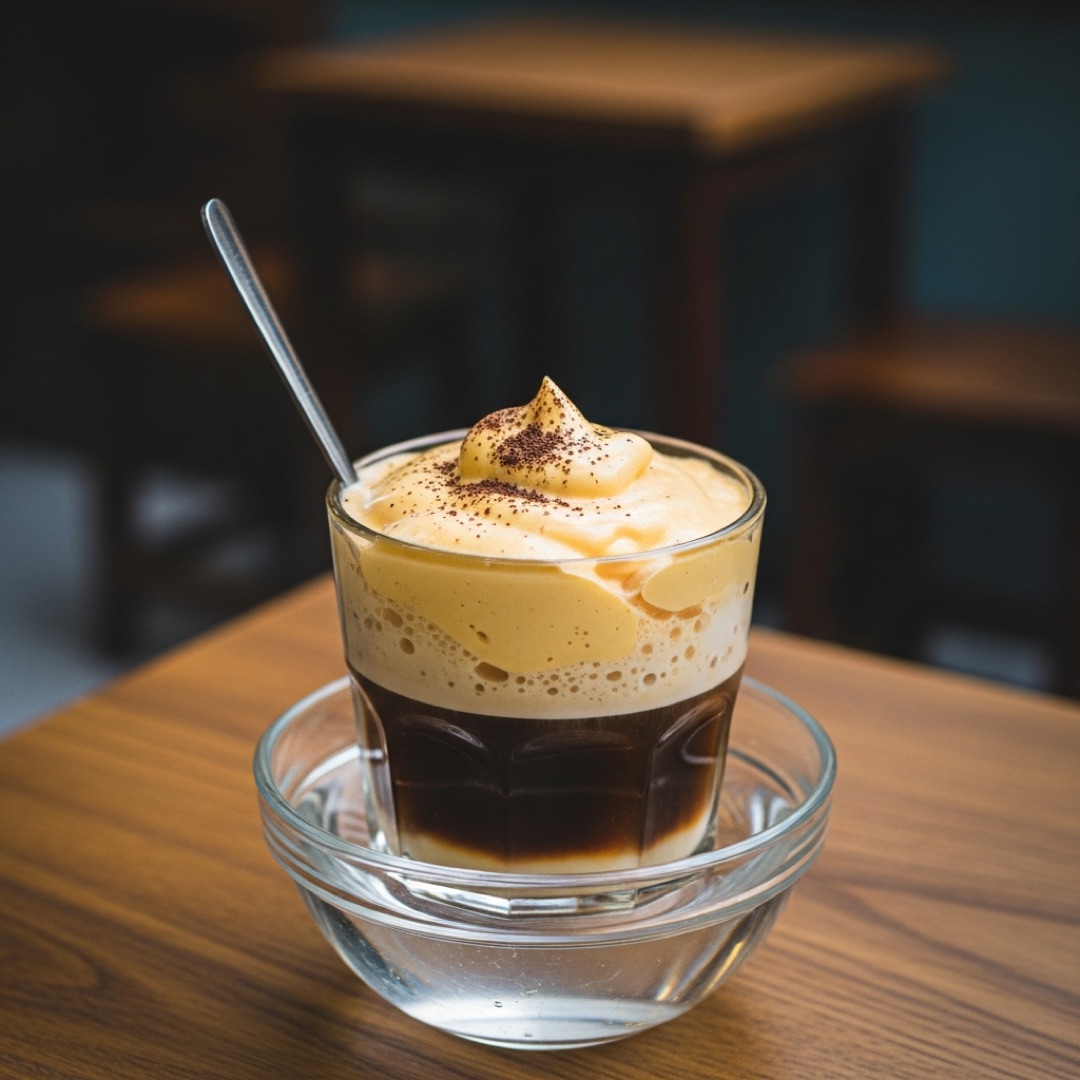 Vietnamese egg coffee ca phe trung with whipped egg yolk and condensed milk over dark coffee